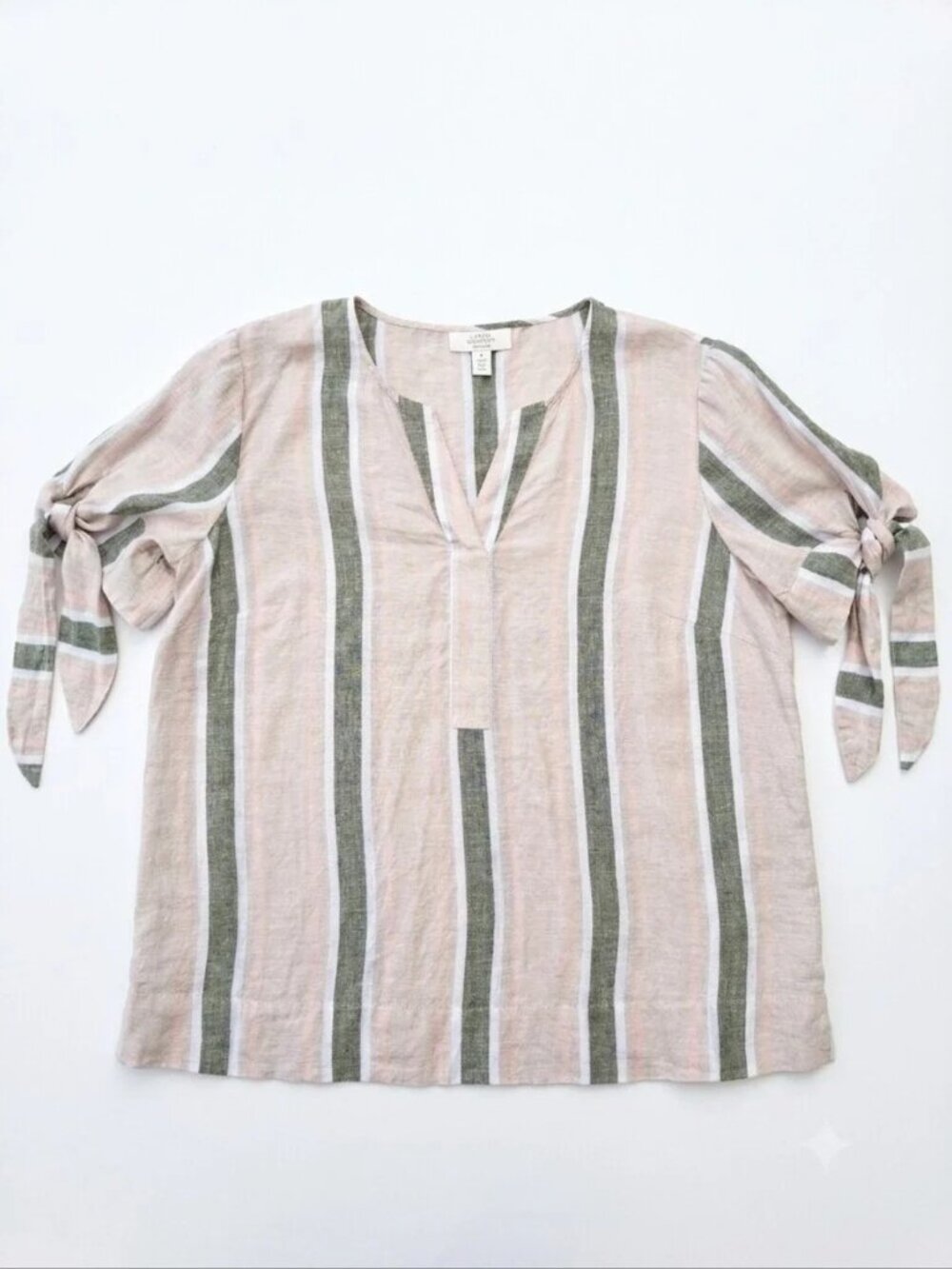 Charter Club Linen Pink Green Striped V-Neck Tie Sleeve Coastal Resort Blouse M